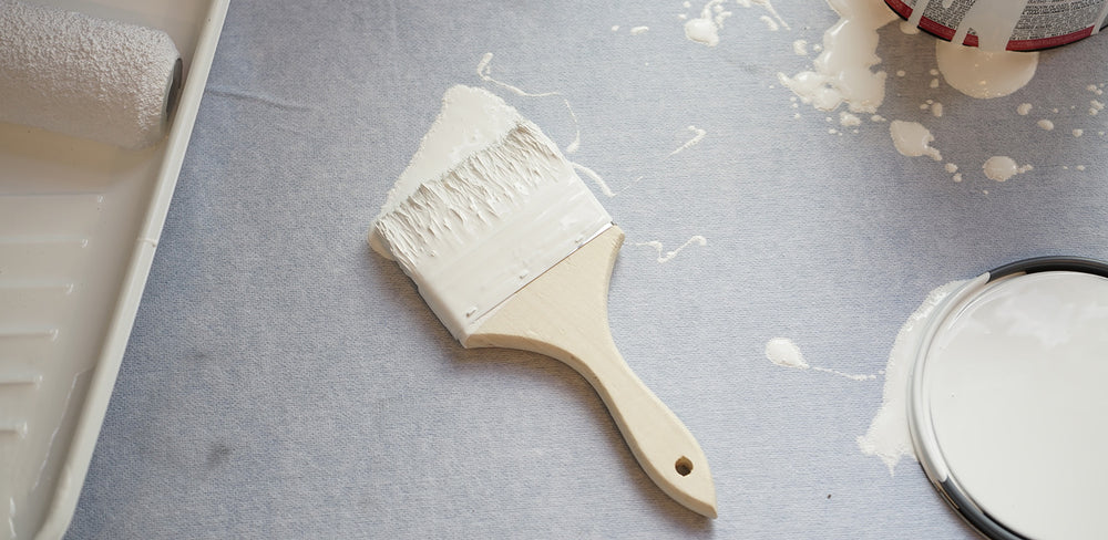 a paintbrush and can of white paint spill onto Katch surface protection roll
